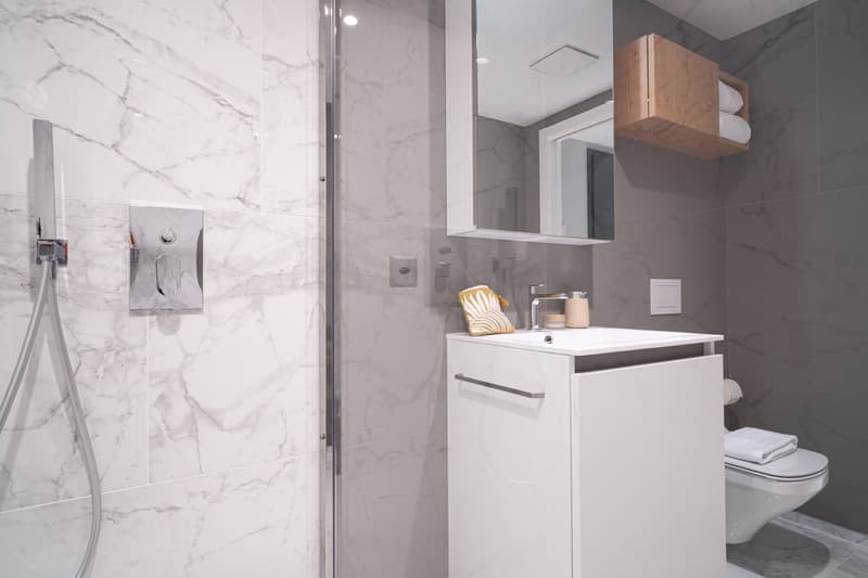 Modern bathroom with marble-like tiles, glass shower enclosure, vanity unit with sink, and storage cabinet above. Dishwasher and washing machine are also visible.