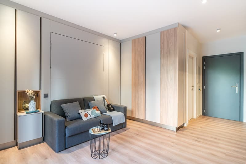 Spacious living room with gray sofa, wooden furniture, and hardwood flooring. The room features a built-in wardrobe and a balcony or terrace visible through the door.