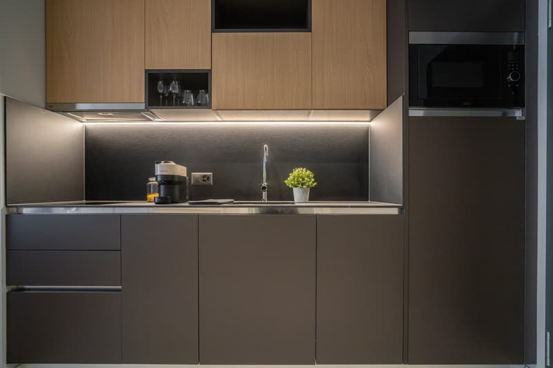 Modern kitchen with wood-paneled cabinets, black drawers, stainless steel appliances including a dishwasher, and a potted plant on the counter.