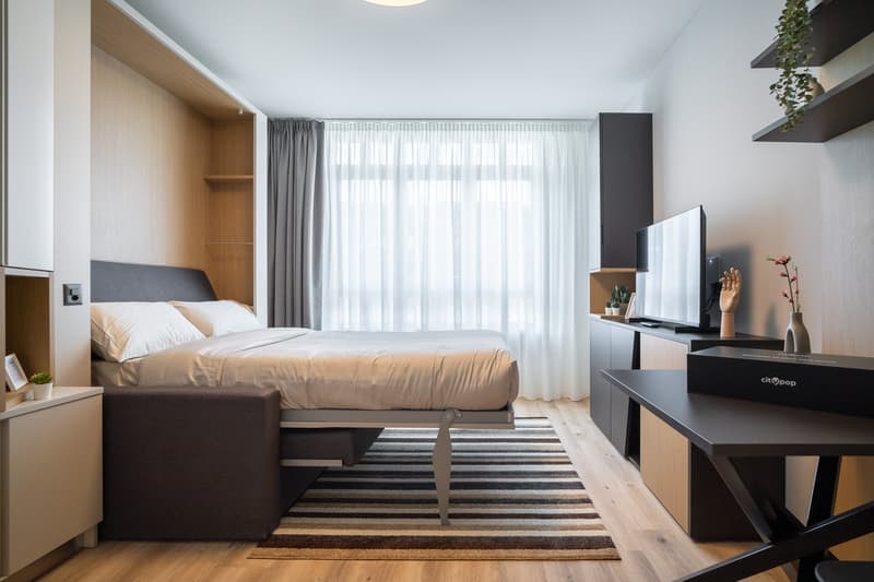 Spacious bedroom with large windows, wooden furniture, a TV stand, and a striped rug on the floor.