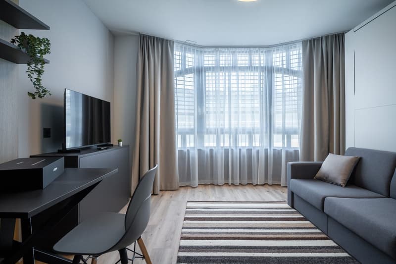 Spacious living room with large bay windows, gray sofa, TV stand, and striped area rug