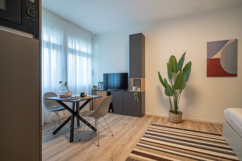 Spacious living room with large windows, hardwood flooring, modern furniture including a dining table, chairs, and a TV stand. The room also features a potted plant and artwork on the walls.