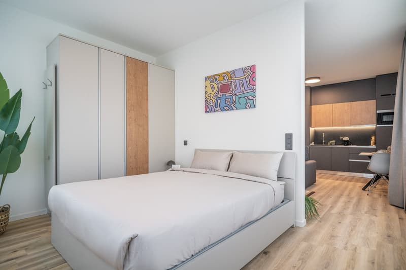 Spacious bedroom with white walls, hardwood floors, a large bed, and a built-in wardrobe. The room also features a colorful abstract artwork on the wall and a view of the adjacent living area.