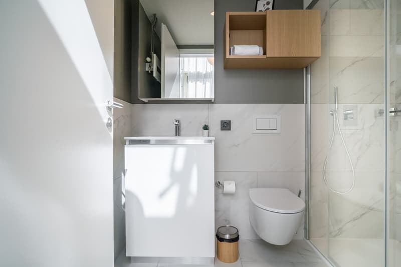 Modern bathroom with white and gray tiles, a vanity unit with a sink, a toilet, a wall-mounted cabinet, and a glass shower enclosure.