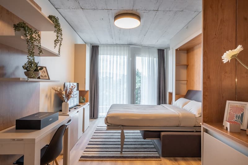 Spacious bedroom with large windows, concrete ceiling, wooden walls, built-in shelves, desk, and a king-size bed with a striped rug on the floor.