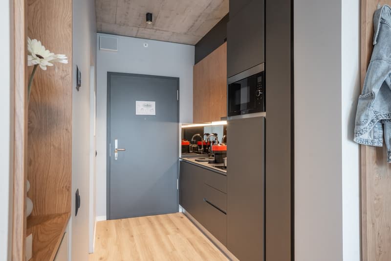 Compact studio apartment with open kitchen, hardwood floors, concrete ceiling, and gray door. The kitchen features built-in appliances including a dishwasher.