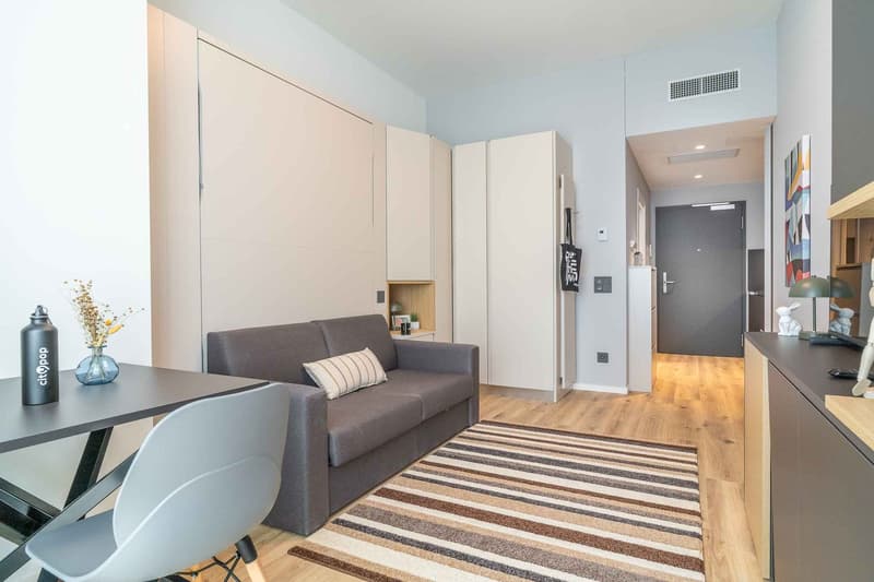 small living room with sofa, desk, chair, rug, cabinets, and artwork