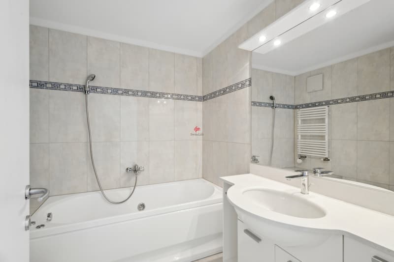 Badezimmer mit Whirlpool-Badewanne, Waschbecken, WC und Bidet / Bagno con vasca idromassaggio, lavandino e WC e bidet
