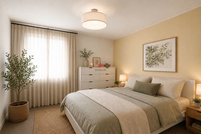 Das grosszügig geschnittene Elternschlafzimmer bietet ausreichend Platz für einen 5-türigen Einbauschrank (auf dem Bild nicht sichtbar).