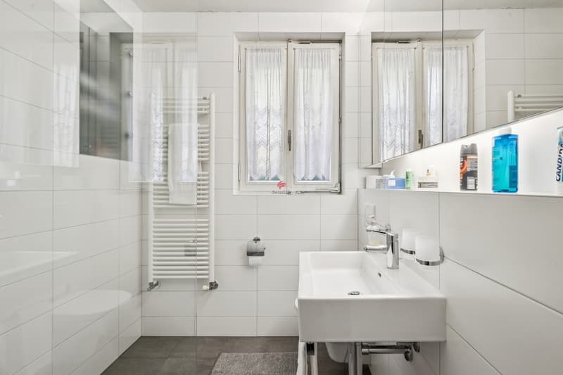 Das im Jahr 2010 modernisierte Badezimmer ist mit einer praktischen, tiefen Dusche, einer Toilette, einem Lavabo sowie nützlichen Spiegelschränken ausgestattet. / Il bagno, rifatto nel 2010, è dota