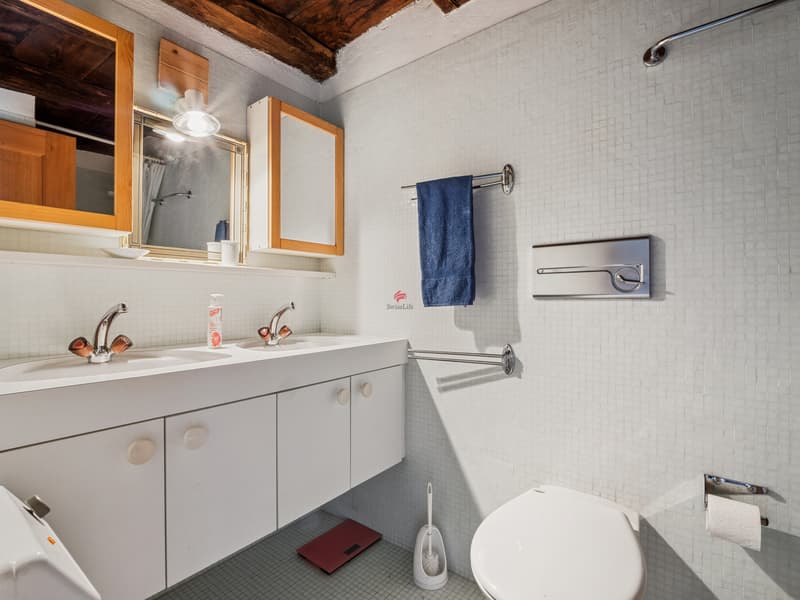In der Nasszelle im mittleren Geschoss befinden sich ... / Nel bagno al piano intermedio si trovano sia armadi...