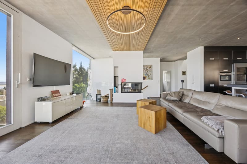 Schlicht, modern: der Wohnbereich mit Kamin, Raumhöhe 2.60m