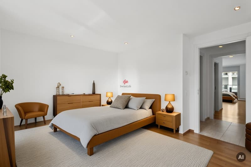 Das Zimmer ist gemütlich und funktionell eingerichtet und verfügt über einen modernen Parkettboden, der einen Hauch von zeitgenössischem Design vermittelt / La camera è accogliente e funzionale,