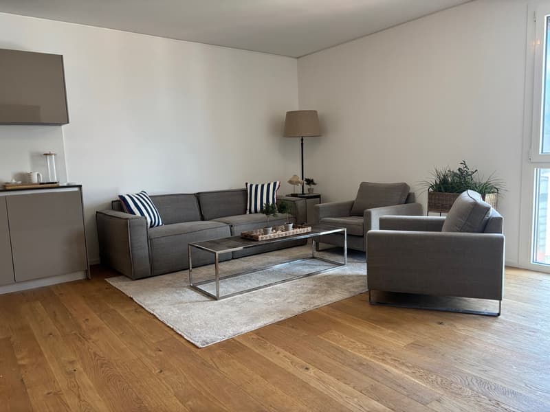 Spacious living room with hardwood floors, gray sofa and armchair, glass coffee table, and a floor lamp. The room has large windows, suggesting a balcony or terrace access.