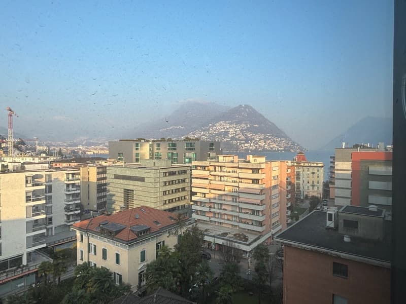 Cityscape with high-rise buildings, residential apartments, and a mountain in the background.