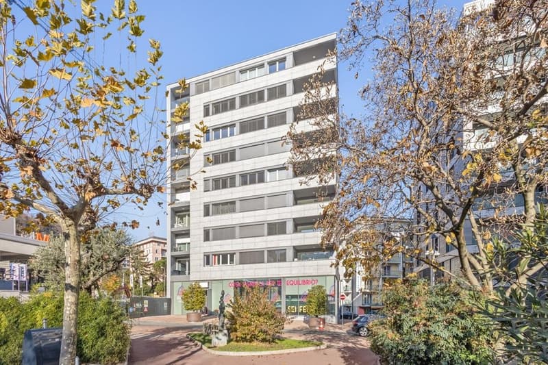 Multistory residential building, modern architecture, numerous glass windows, surrounded by greenery, accessible area