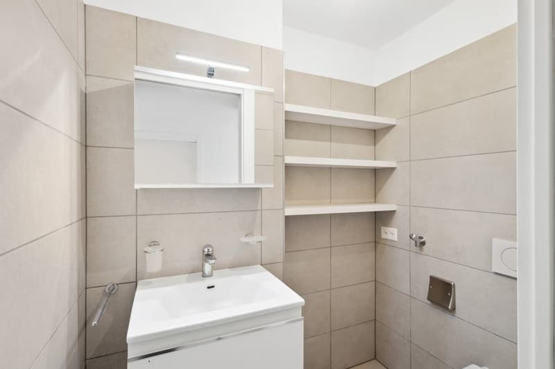 A modern bathroom with tiled walls, a white vanity, a mirror above the sink, and a compact toilet with a silver flush plate.