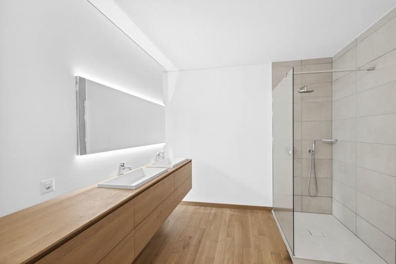 Bathroom with 2 sinks, walk-in shower, wall-mounted mirror, wooden floors, power outlet, wooden cabinets, tiled walls