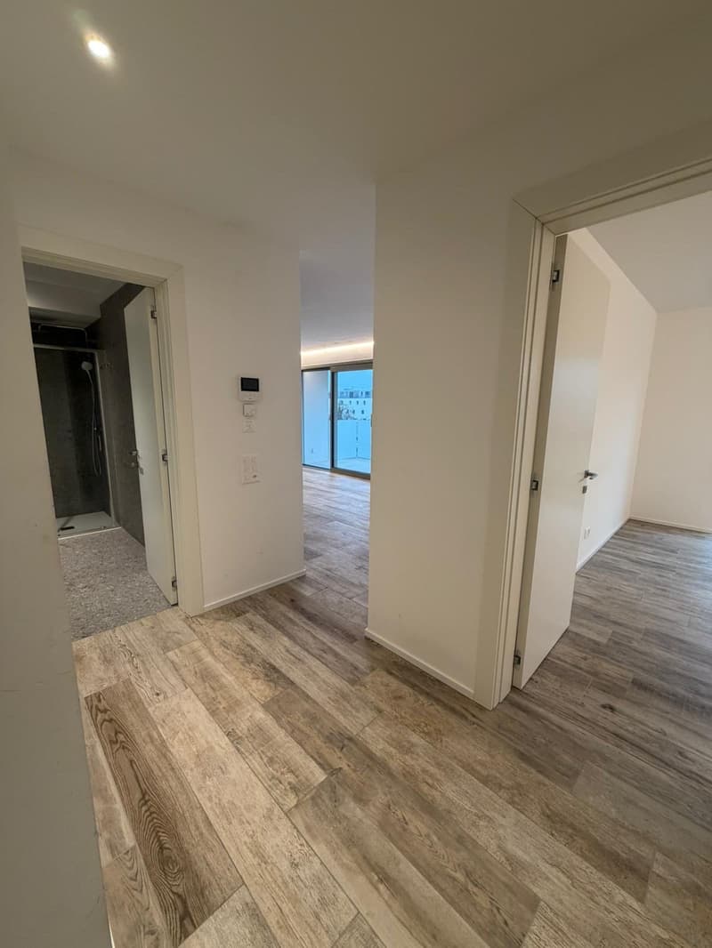 empty hallway, tiled floor, white walls, two doors, shower room
