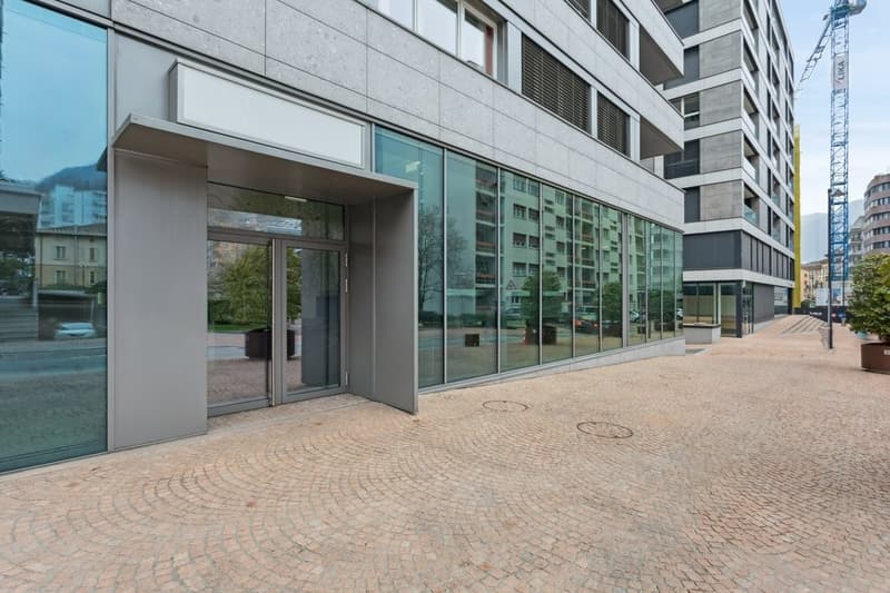 Modern office building, glass facade, entrance with glass doors, brick pavement, central location, nearby construction