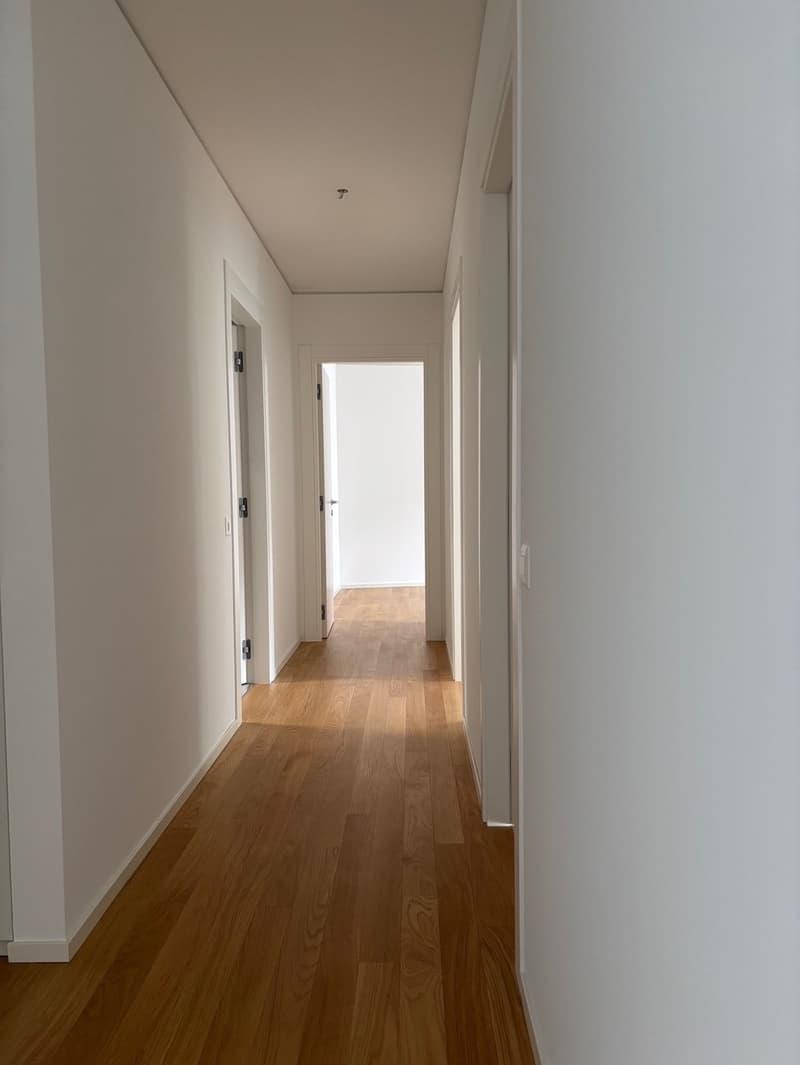 Empty hallway with wooden floors, white walls, and doors leading to different rooms.