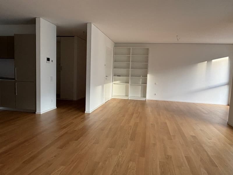 Empty room with wooden floors, white walls, built-in shelves, and open closet