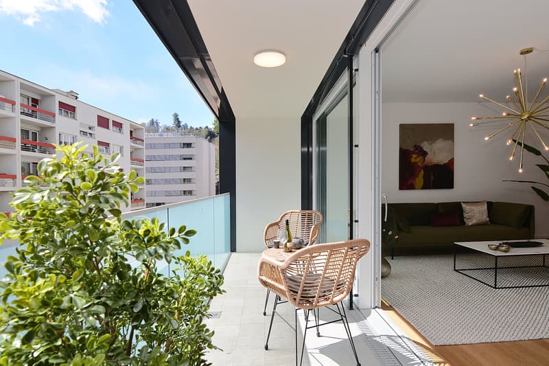 modern balcony, table and chairs, glass railing, living room furniture