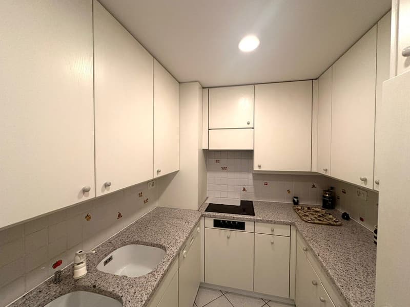 clean kitchen with white cabinets, granite countertops, modern appliances including dishwasher and washing machine