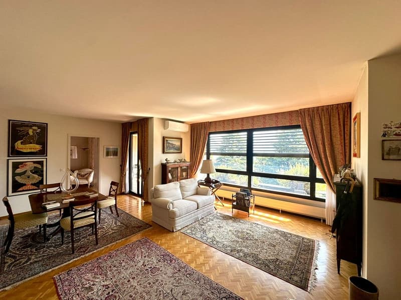 living room, white couch, window, table, lamp, rug, dining chairs, wooden floor