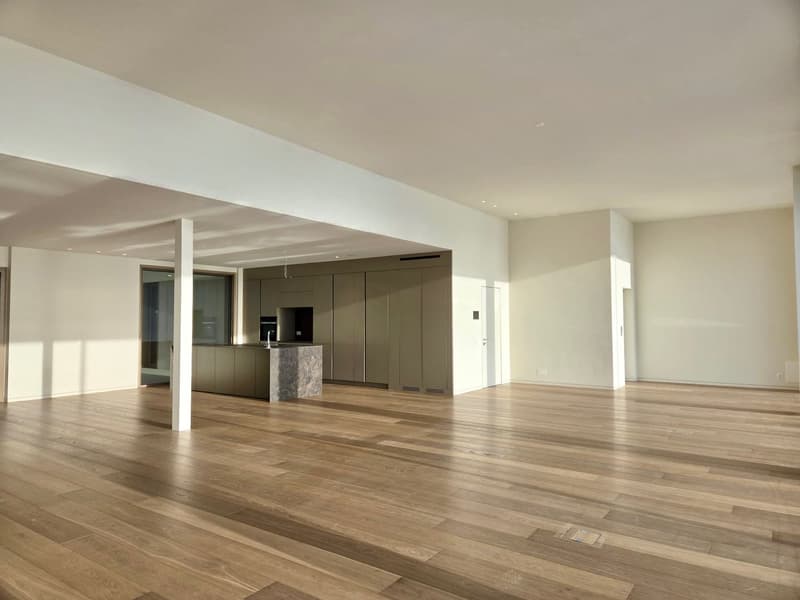 Large empty room with hardwood floors and modern kitchen island.