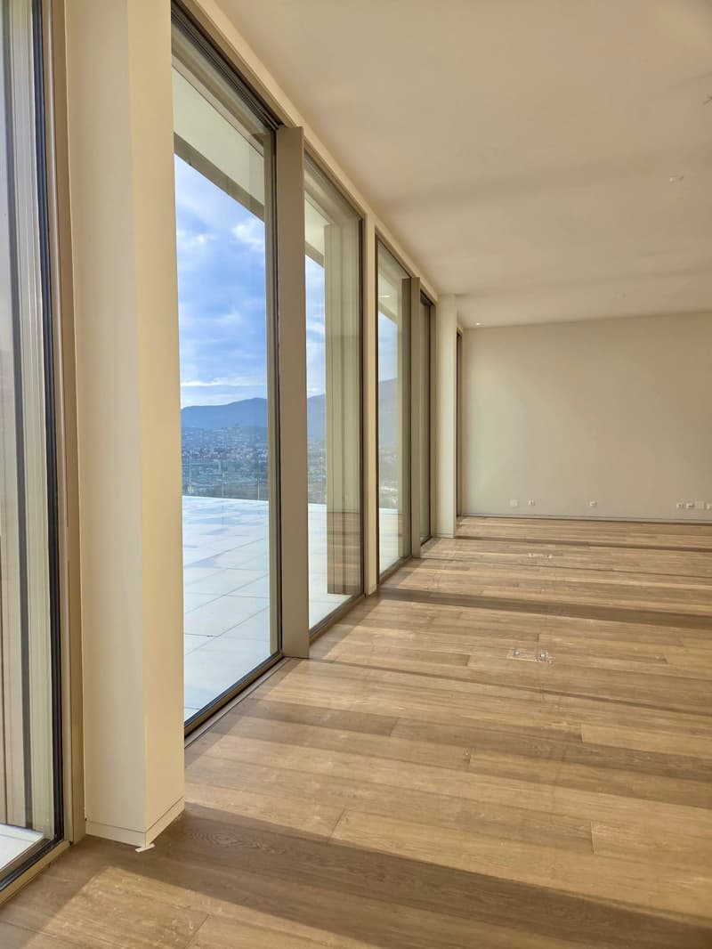 wide hallway, tall glass windows, hardwood flooring, city view