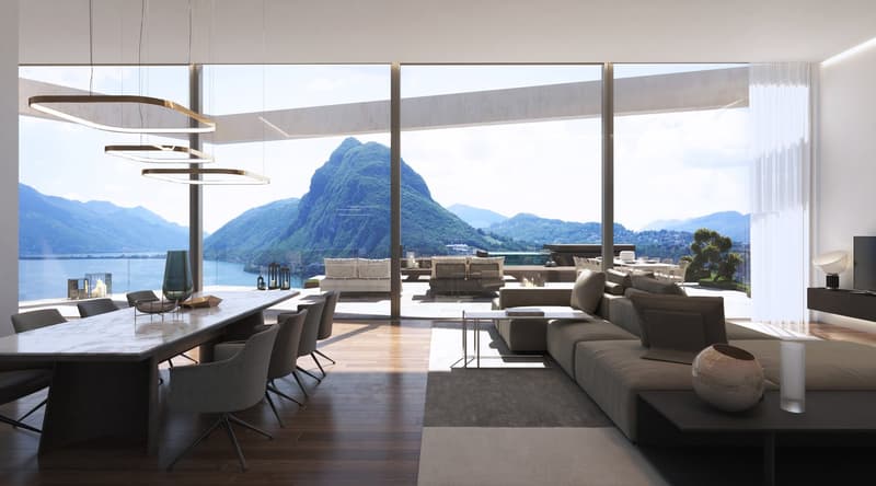 living room, floor to ceiling windows, dining table, couch, view of mountains and lake