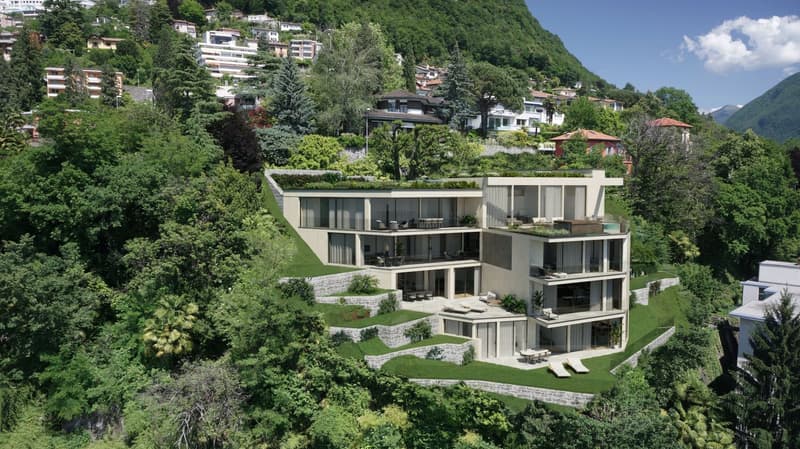Modern villa with large glass windows, surrounded by lush greenery, balconies, terraces, elevated above ground