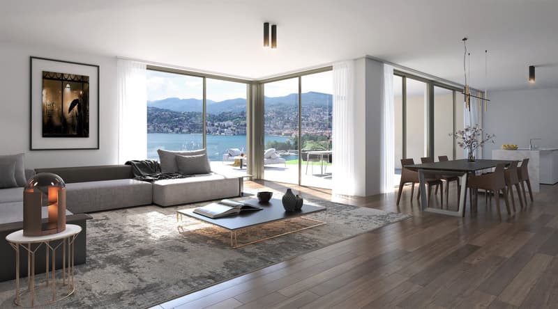 living room with glass walls, large windows, view of lake, couch, coffee table, center table, dining table