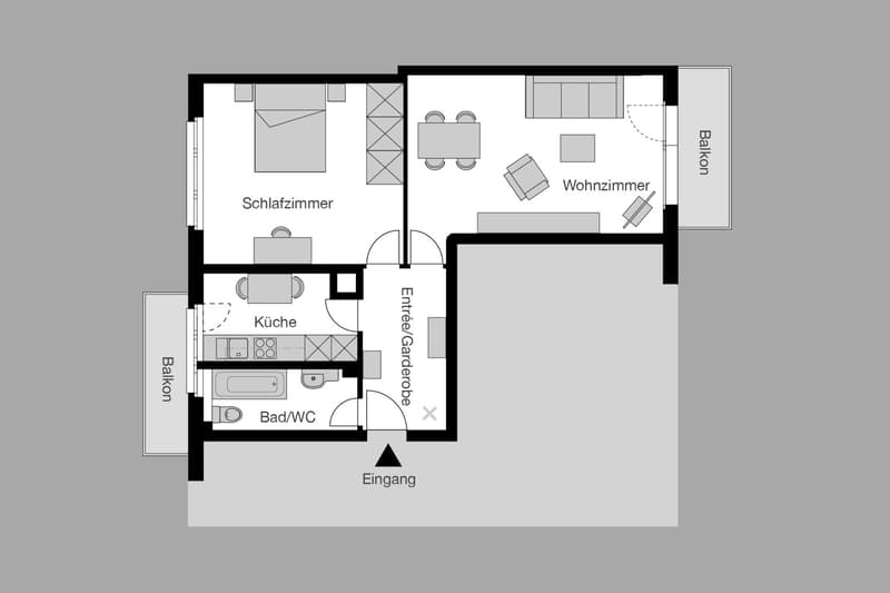 The floor plan shows a one-bedroom apartment with a living room, kitchen, bedroom, bathroom, and balcony.