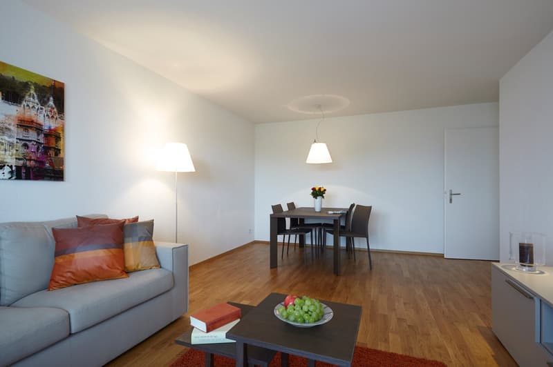 The image shows a modern and spacious apartment interior. The living room features a gray sofa with colorful throw pillows, and a large painting on the wall. The dining area has a dark wooden table with chairs. The apartment has hardwood floors throughout