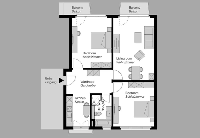 Entry, Kitchen, Bedroom, Bathroom, Wardrobe, Living room, Bedroom
