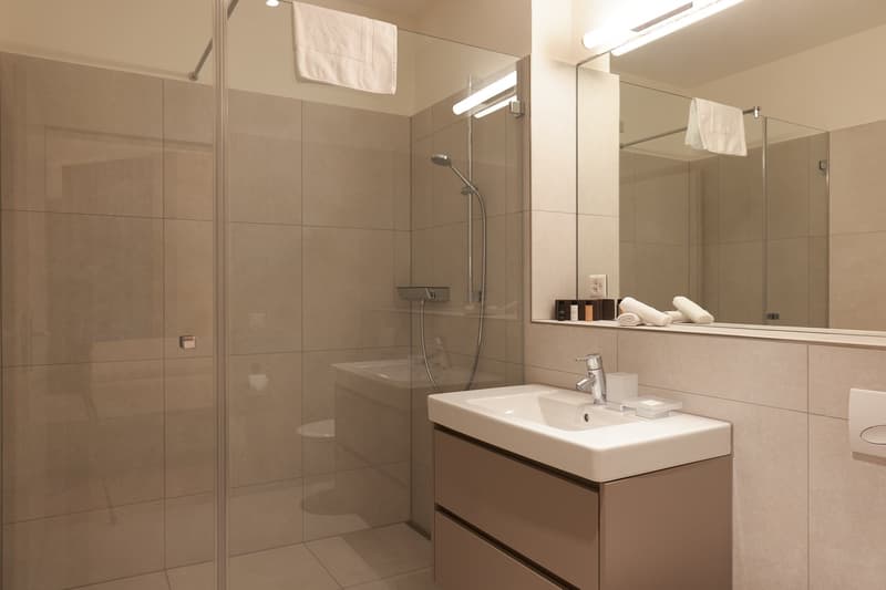 modern bathroom with walk-in shower, sink, and vanity unit, glass walls and floor