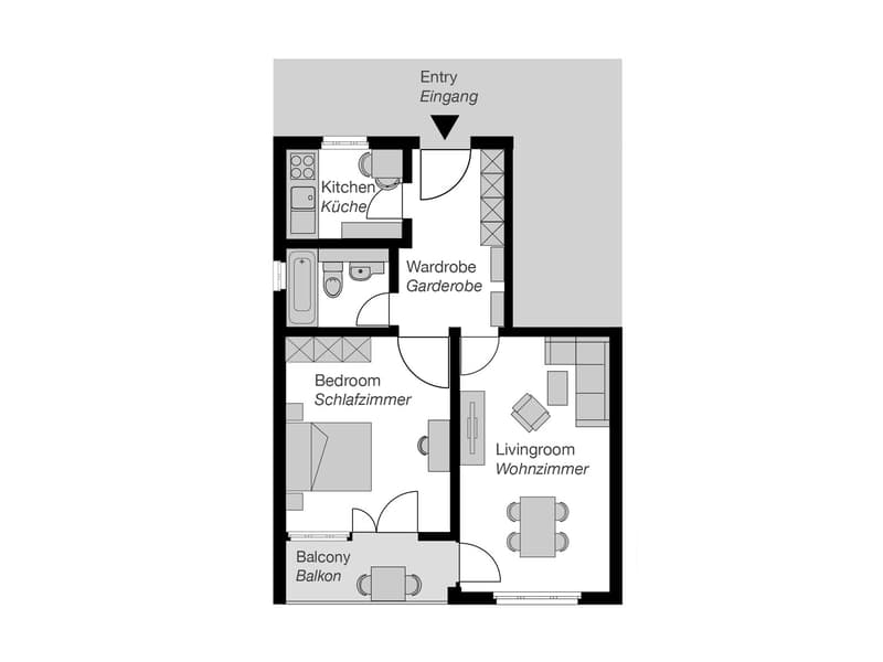 Living room, Kitchen, Bedroom, Wardrobe, Bathroom, Balcony
