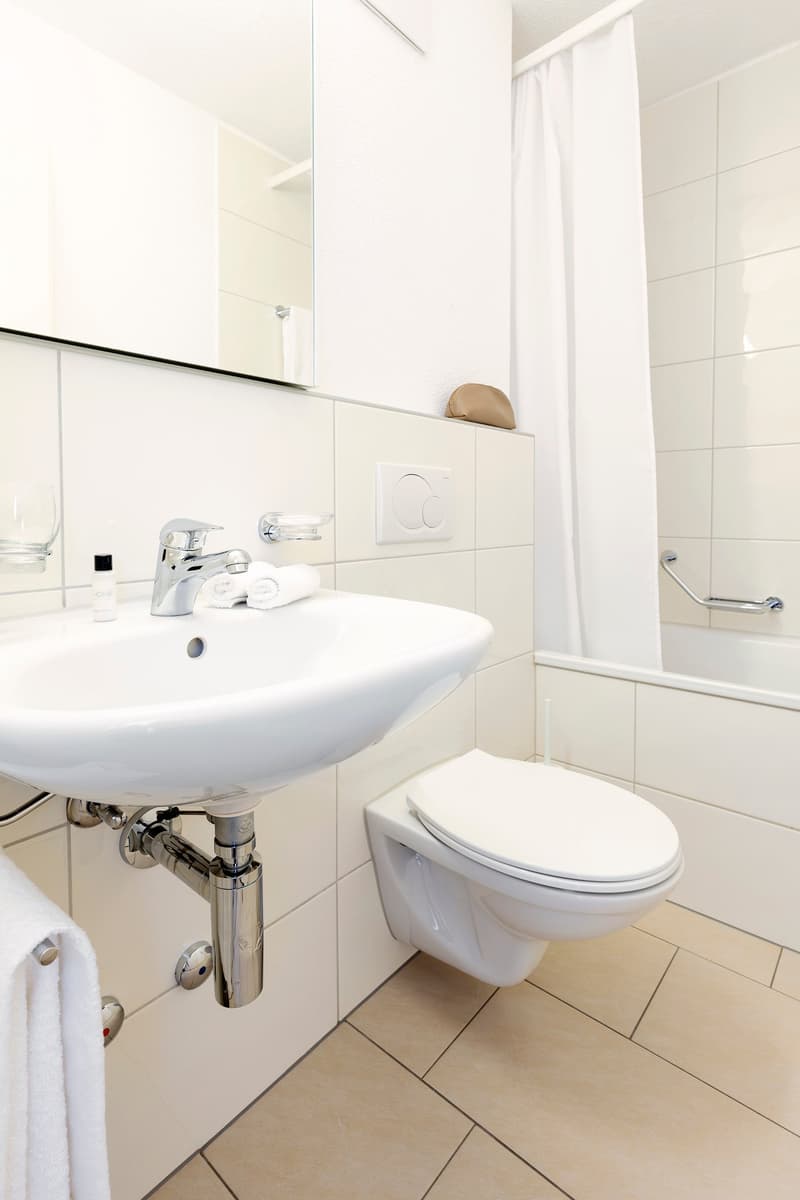 modern bathroom with sink, toilet, bathtub and mirror