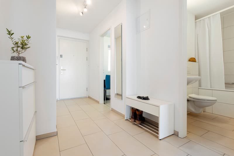 Entryway with white tiled floor, modern decor, white closet, modern bathroom with toilet and sink, mirror, light fixtures, and a plant