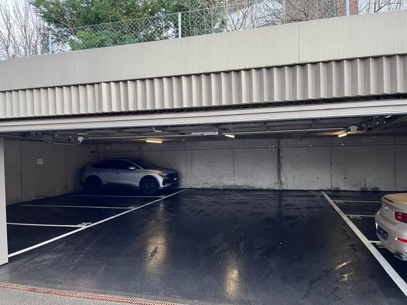 Underground parking lot, single level, gray concrete walls, 2 cars parked, fluorescent lights on the ceiling