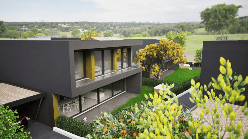 Modern two-story house with large windows, black exterior, and a balcony overlooking a lush green landscape with trees and shrubs.