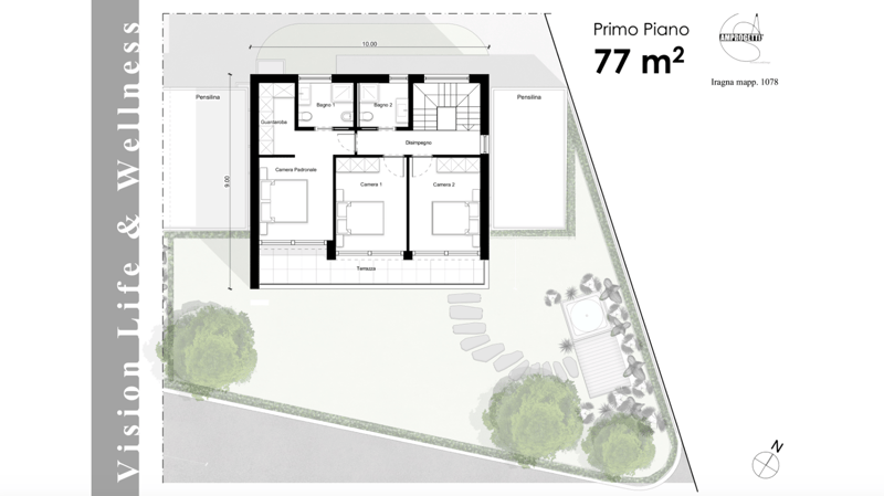 The floor plan shows a 77 m2 property with a living room, kitchen, 2 bedrooms, 2 bathrooms, and a terrace.