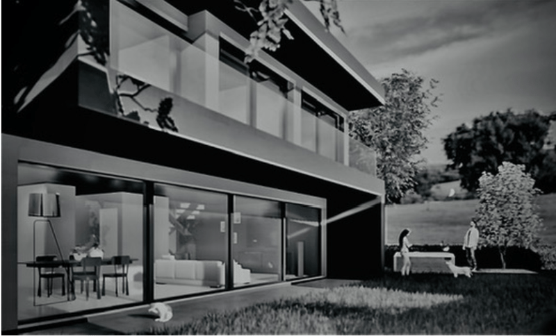 Modern two-story house with large glass windows, balcony, and outdoor seating area