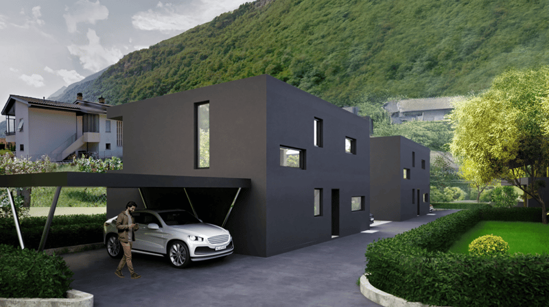 Modern 2-story house with a black exterior, large windows, and a garage with a parking space in the front. The house is surrounded by lush greenery and mountains in the background.