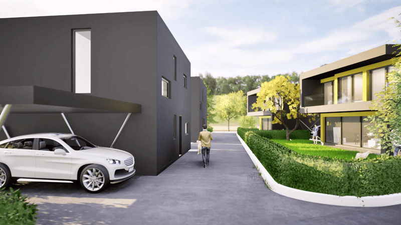 The image shows a modern, multi-story residential building with a garage and parking space. The building has a sleek, minimalist design with gray exterior walls and large windows. There is a person walking on the path in front of the building, which is su
