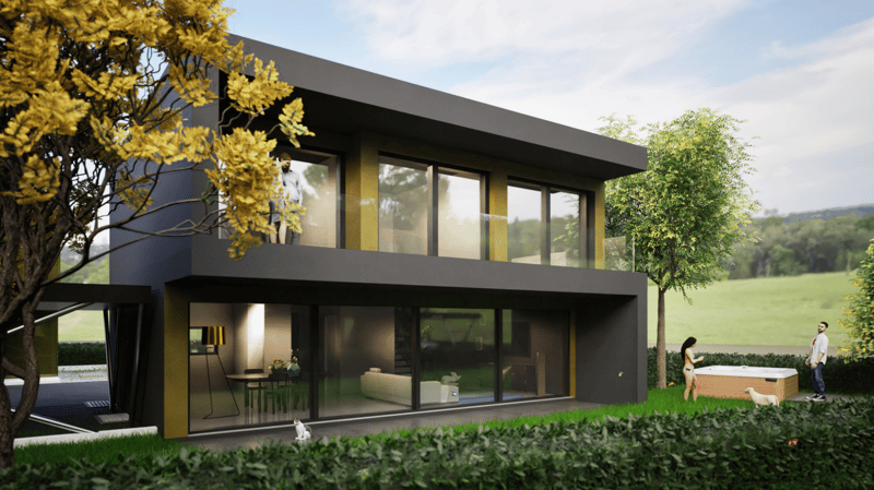 Modern two-story house with large windows, black exterior, and a balcony overlooking a grassy field and trees. The house has a minimalist design with clean lines and a flat roof. There are people visible in the yard and on the balcony, suggesting an outdo