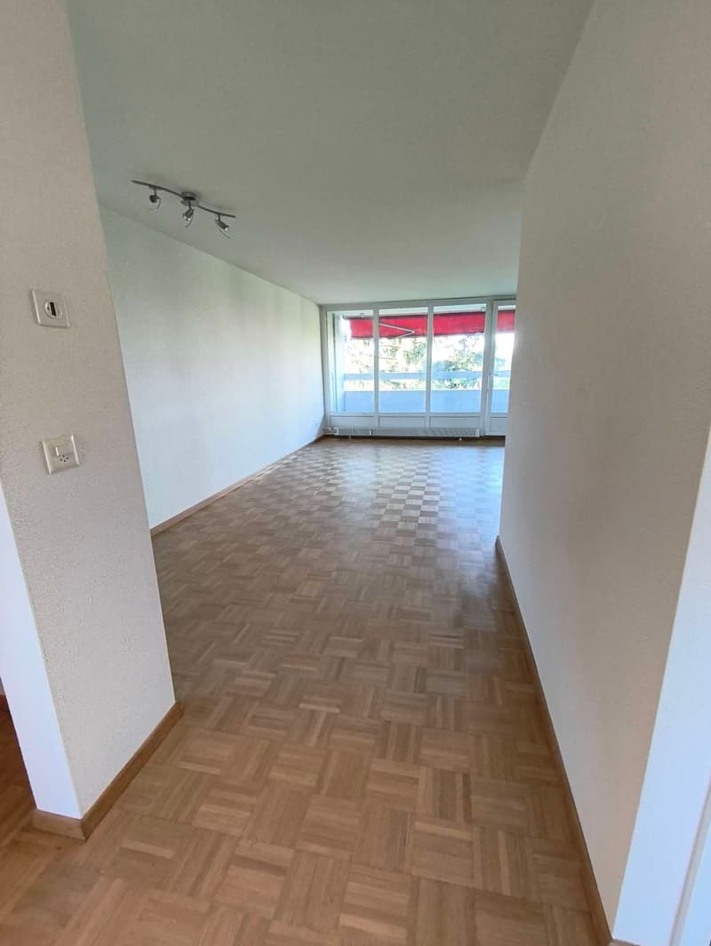 empty room, wooden parquet floor, white walls, balcony with glass doors, ceiling lights, power outlets