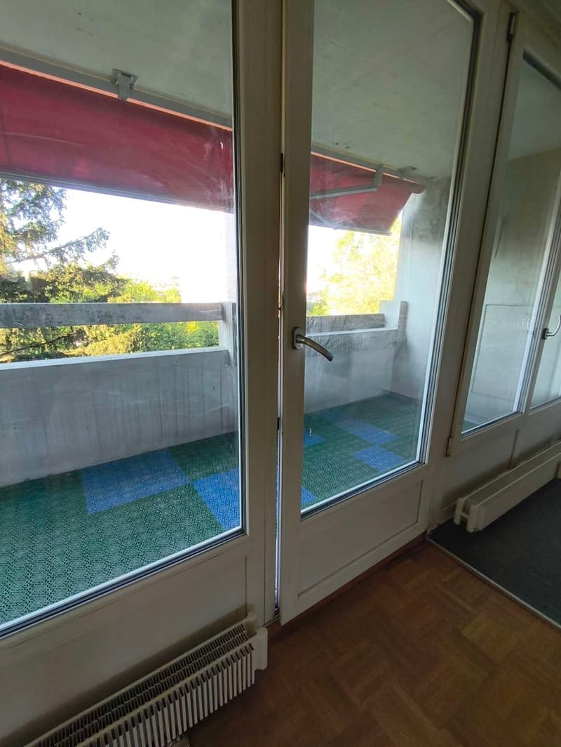 Balcony with wooden floor, glass doors, metal railing, trees outside